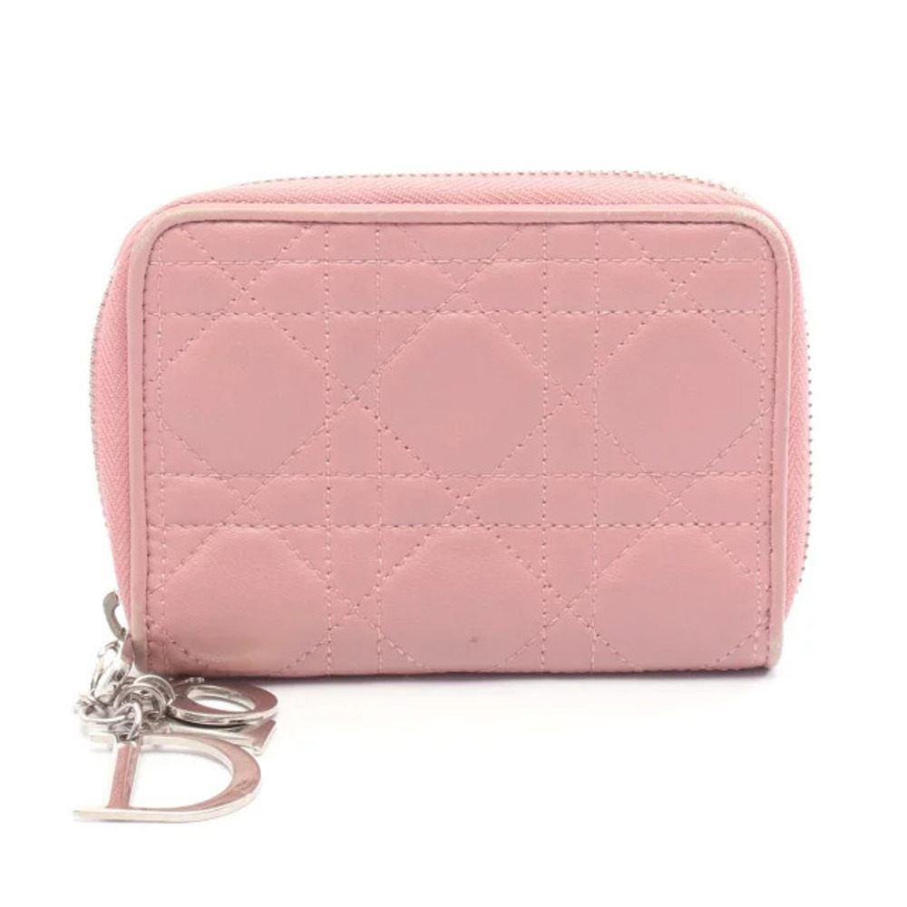 Dior Lady Cannage Round Wallet Leather Pink